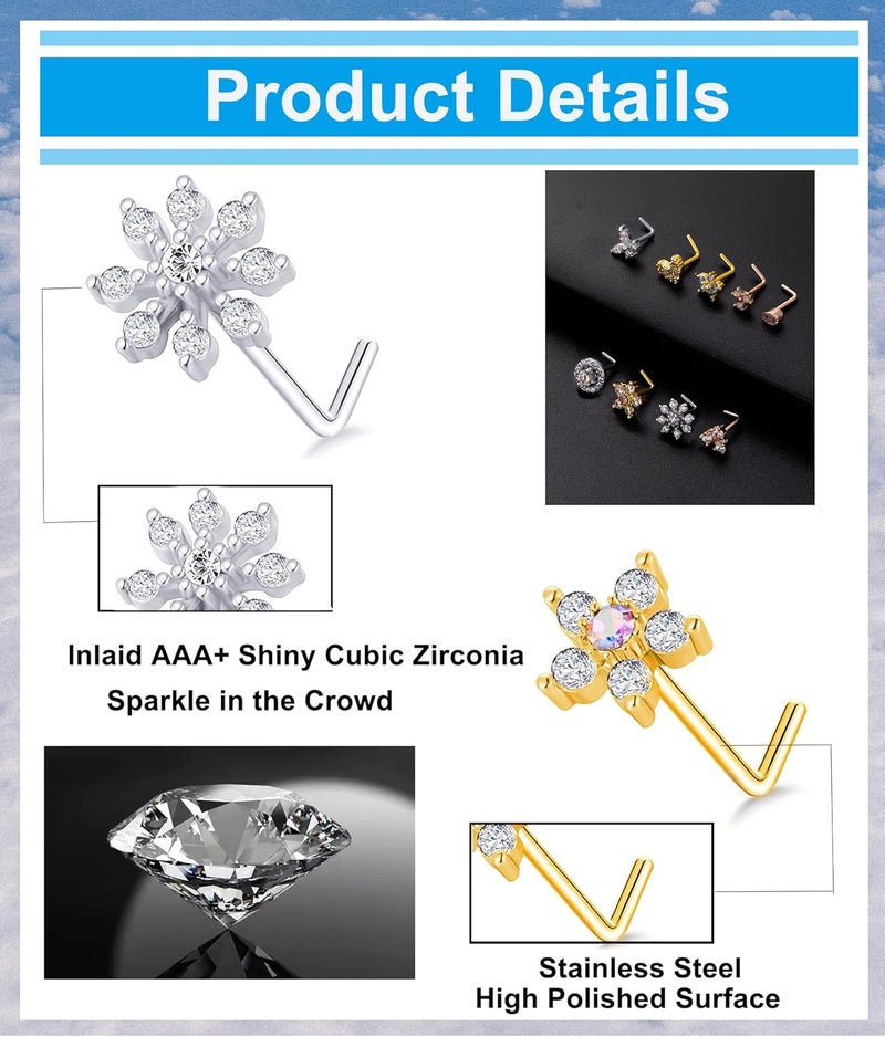 Tornito 9Pcs Nose Rings Stud L Bone Screw Shaped Nose Ring Flower CZ Snowflake Butterfly Screw Nose Stud Body Piercing Jewelry for Women Men 20G Silver Gold Rose Gold Tone - Image 3